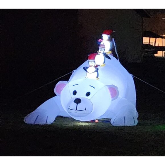 🆕7.7(L) x 6 FT(H) Inflatable Lighted Polar Bear with Three Penguin Decoration - Picture 1 of 11